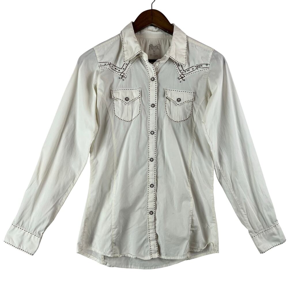 Rock 47 by Wrangler WMNS Western Pearl Snap Shirt S Cream Rhinestone Long Sleeve